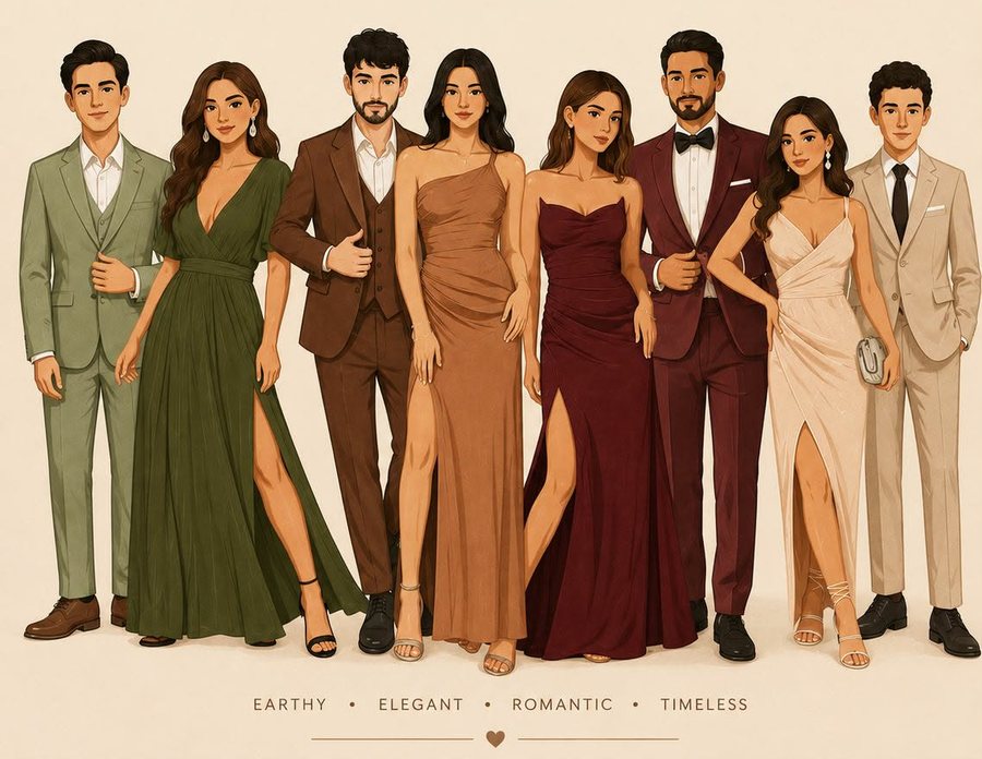 Eight guests in the palette — sage and olive green, chocolate brown, burgundy, caramel and cream — in suits and long dresses.